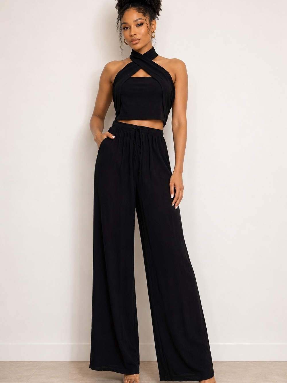 Chic Black Halter Two-Piece Set | Wide Leg Pants & Crop Top Lounge Glam ✨